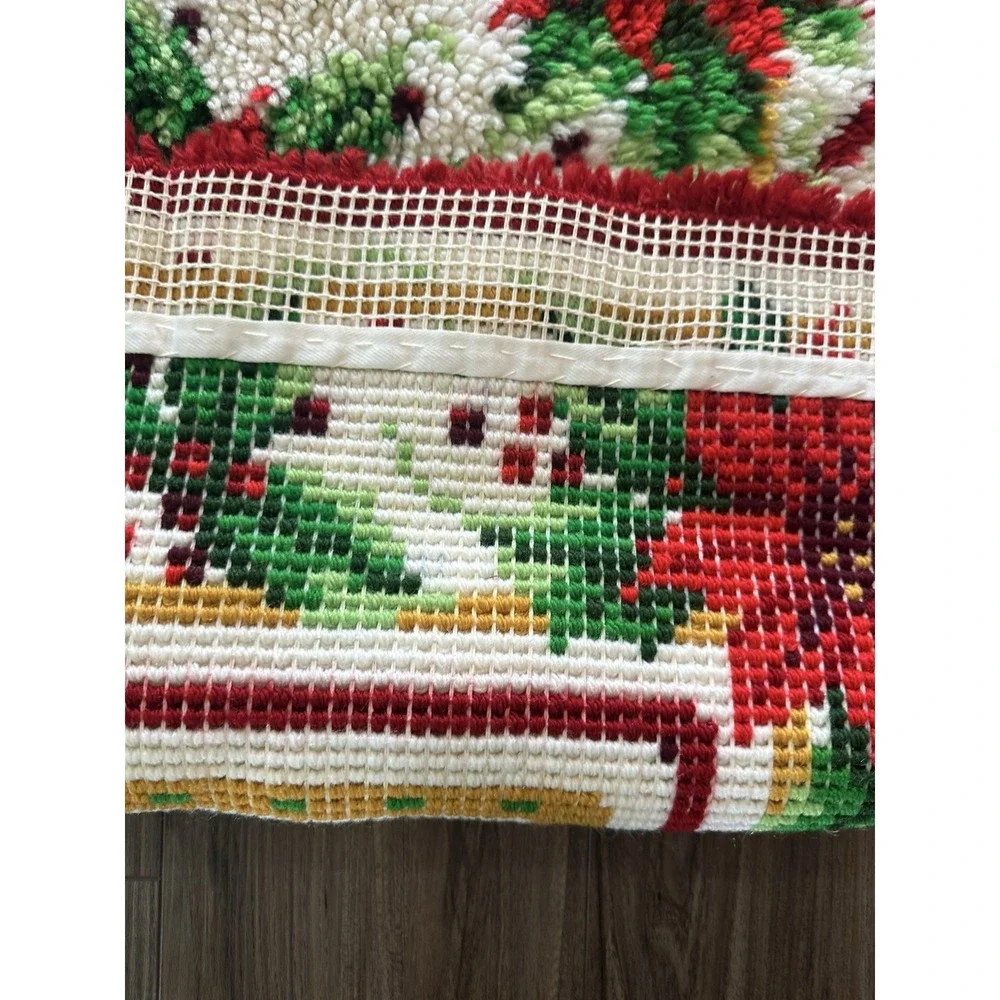 Vintage Christmas Poinsettia Latch Hook Wall Hanging Rug 53x31 Handmade 1970s